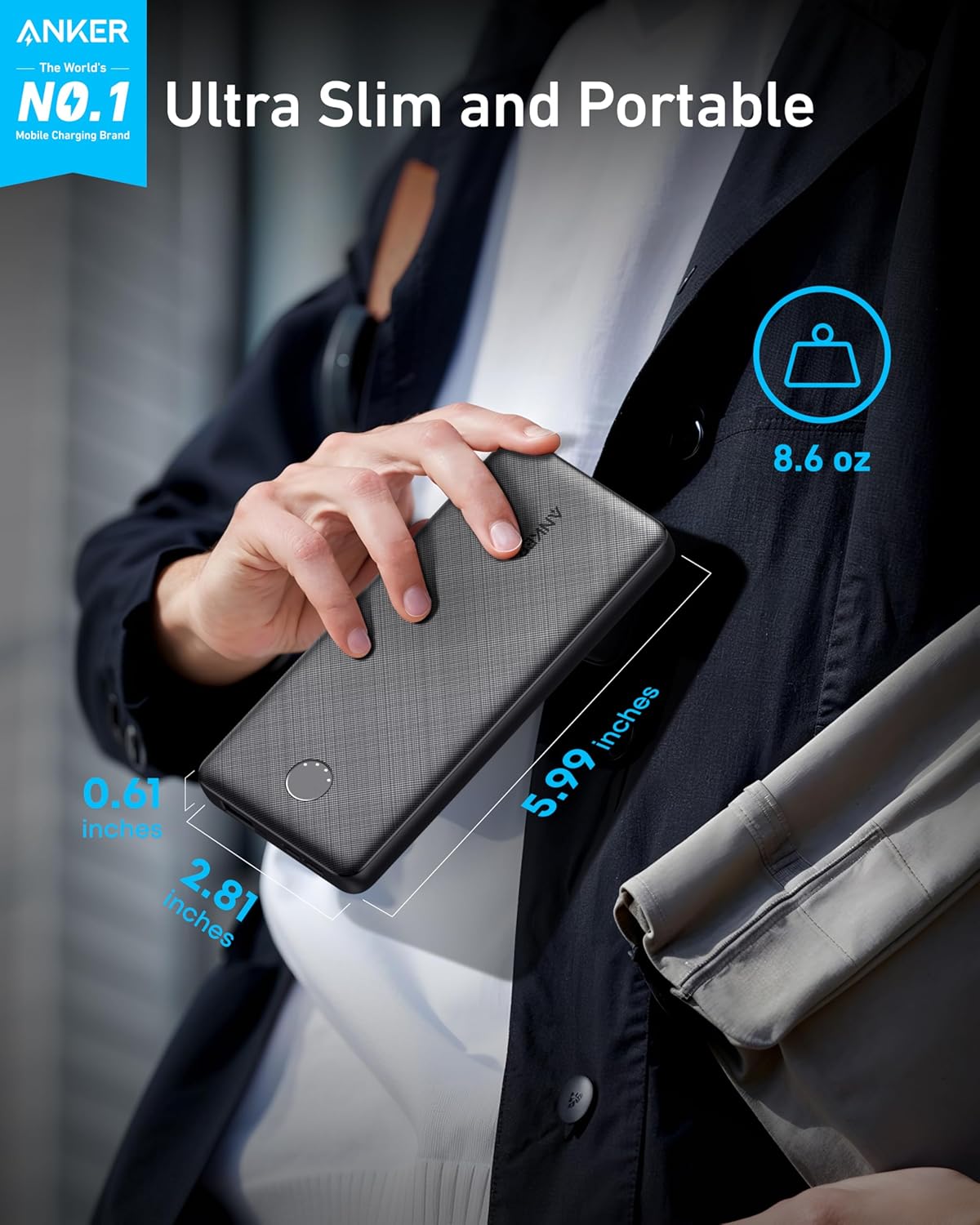Anker Power Bank, 10,000mAh Portable Charger, PowerIQ USB-C Battery Pack | 5V / 3A High-Speed Charging, for iPhone, iPad, and More, Ultra-Compact Travel-Ready Design (Black)