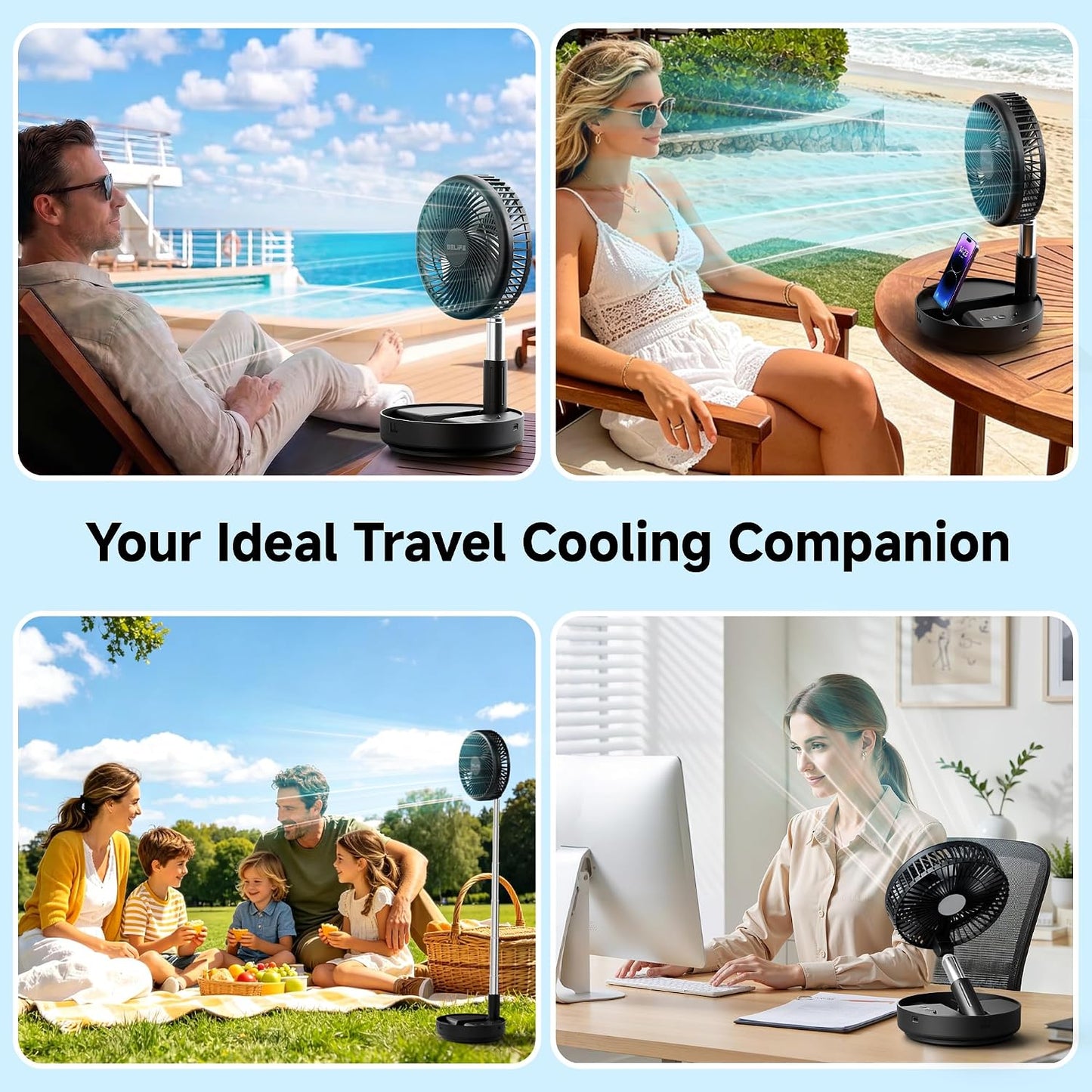 Belife X8 Portable Oscillating Camping Fan for Travel | 7200mAh Rechargeable Battery Powered Fans, USB Desk Fan with Remote, Foldable Cordless Floor Fan for Bedroom, 7.7"