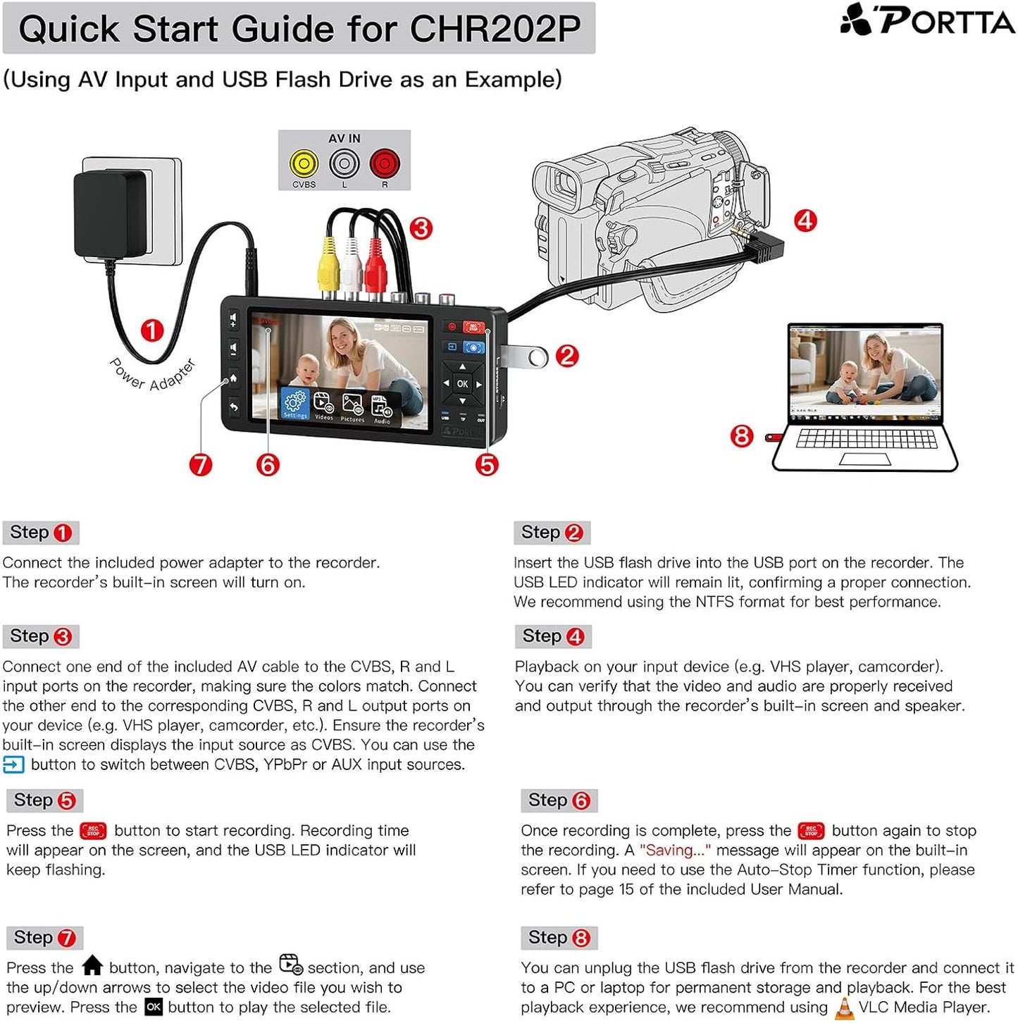 Portta VD22P VHS to Digital Converter with 5" HD Screen, Video Capture Recorder Convert to MP4 Compatible with VHS, VCR, DVR, DVD, Hi8, Mini DV, Gaming Consoles (VCR/VHS/DVD Player/Camcorder Required)