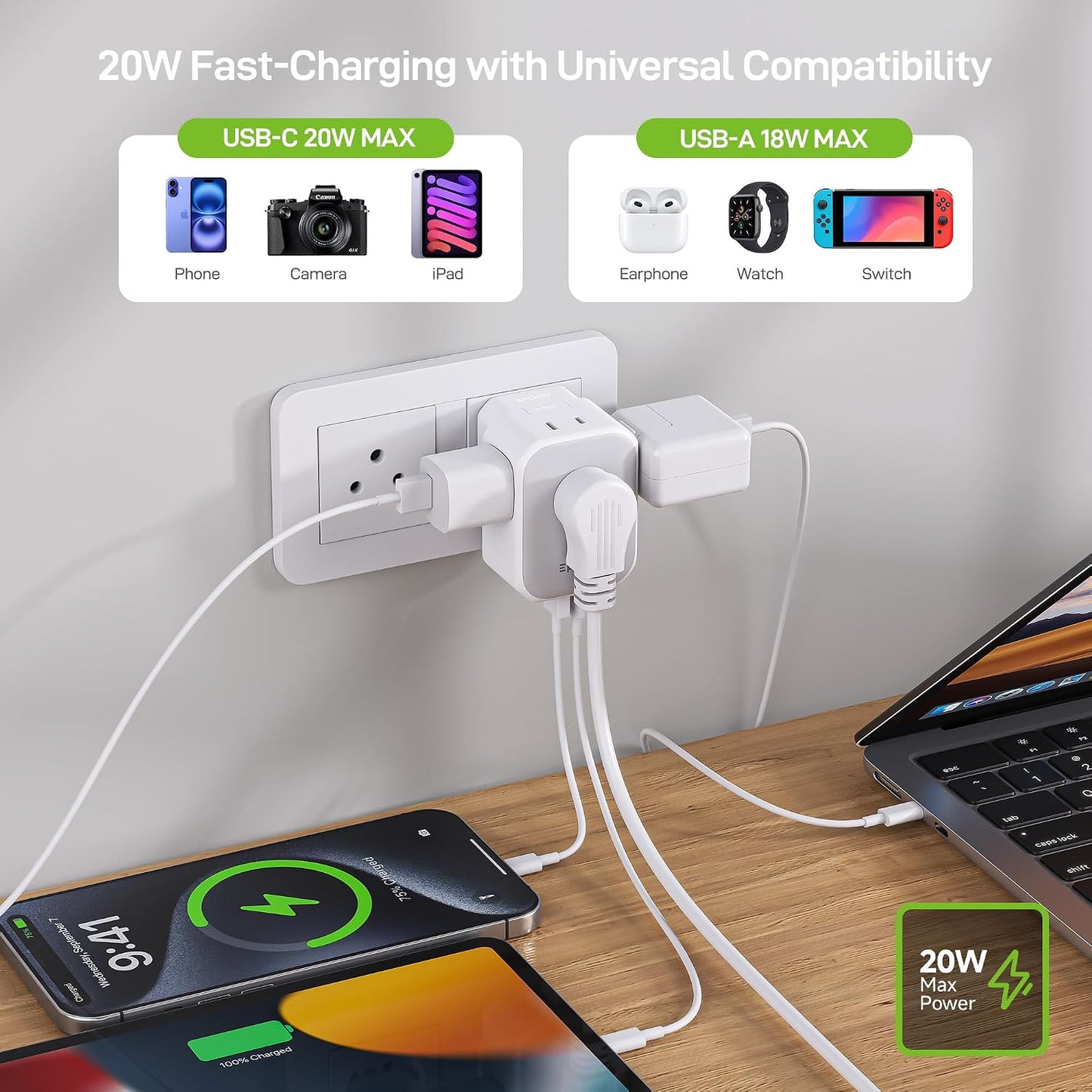 EPICKA Thailand Travel Plug Adapter, Foldable & Detachable Type O (Thailand) VisaPlug, 8-in-1 International Power Adapter with 4 USB Ports (2 USB-C PD 20W), Cruise Approved, US to Thailand, White