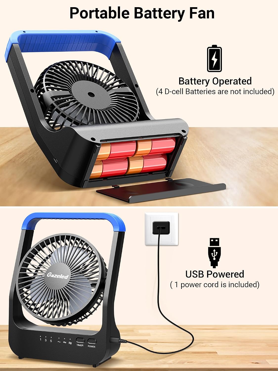 Gazeled Battery Operated Fan, Camping Fan Battery Powered, Super Long Lasting, 5'' Portable D-Cell Battery Powered Desk Fan with Timer, 3 Speeds, Quiet, 180° Rotation, for Office,Bedroom,Outdoor, F24
