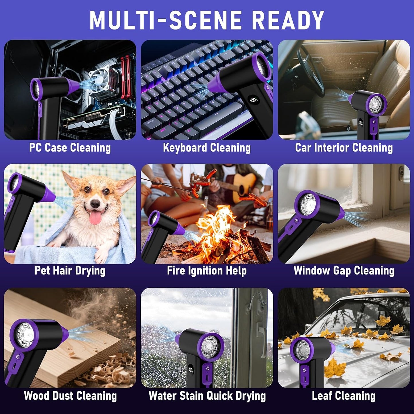 WINWEND Compressed Air Duster: 130000RPM & 8-Gear Adjustable Rechargeable Electric Air Duster - Mini Cordless Air Blower for Cars, PC, Keyboard, Home, Outdoor Cleanings - Replaces Compressed Air Cans