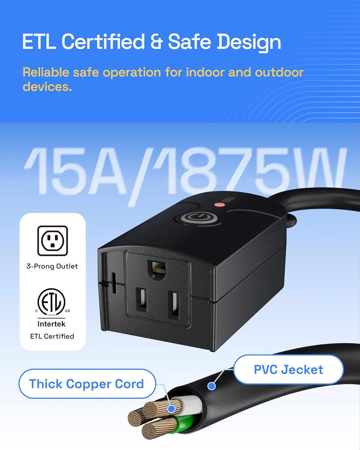 HBN Remote Control Outlets Outdoor Waterproof Indoor Wireless Light Switch | 3-Prong Plug In On Off Remote Outlet with 1 Outlet 1 Remote (Battery Included),6 Inch Cord, 100FT,15A/1875W, ETL Listed