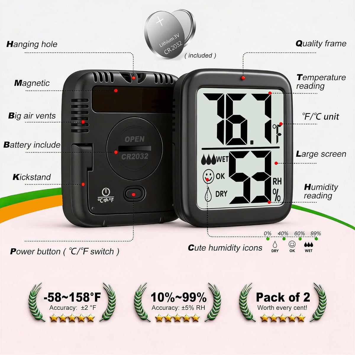 Antonki 2 Pack Room Thermometer Indoor Hygrometer