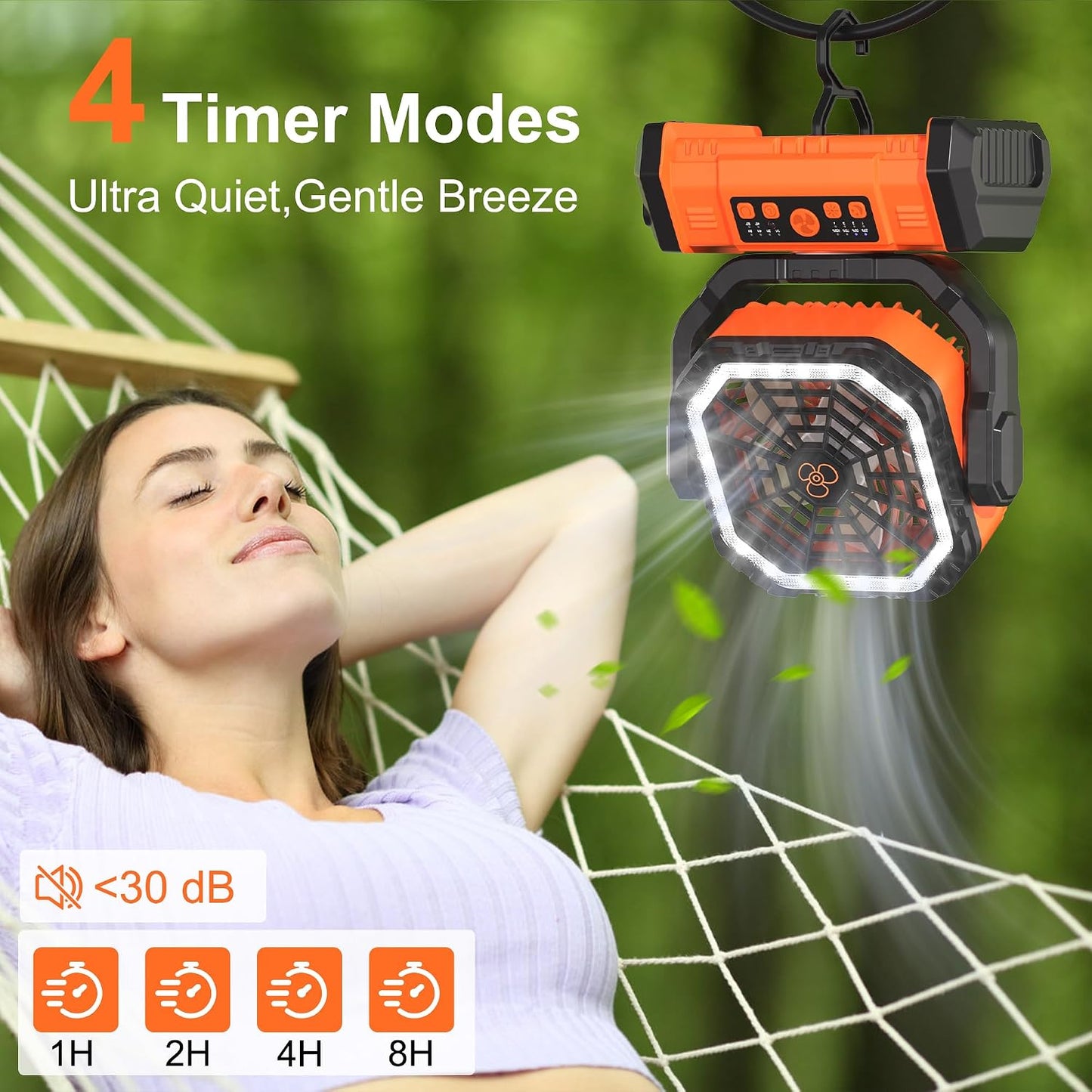 Honesorn 20000mAh Rechargeable Fan Portable 11-Inch, with LED Light Remote | Up to 60H Runtime, 45°/90°Oscillating, Hanging Hook, 4 Speeds, 8H Timer, USB-C Charging, for Camping, Tent, Travel, Outdoor