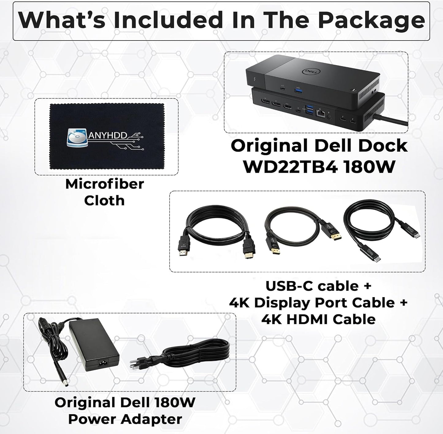 Dell WD22TB4 Thunderbolt 4 Dock Bundle - 40Gbps USB-C/USB-A, 3 Year Warranty with 180W Adapter, Anyhdd HDMI, DP, USB-C Cable & Cloth - Docking Station, Supports Dual/Triple Monitors & 4k Display