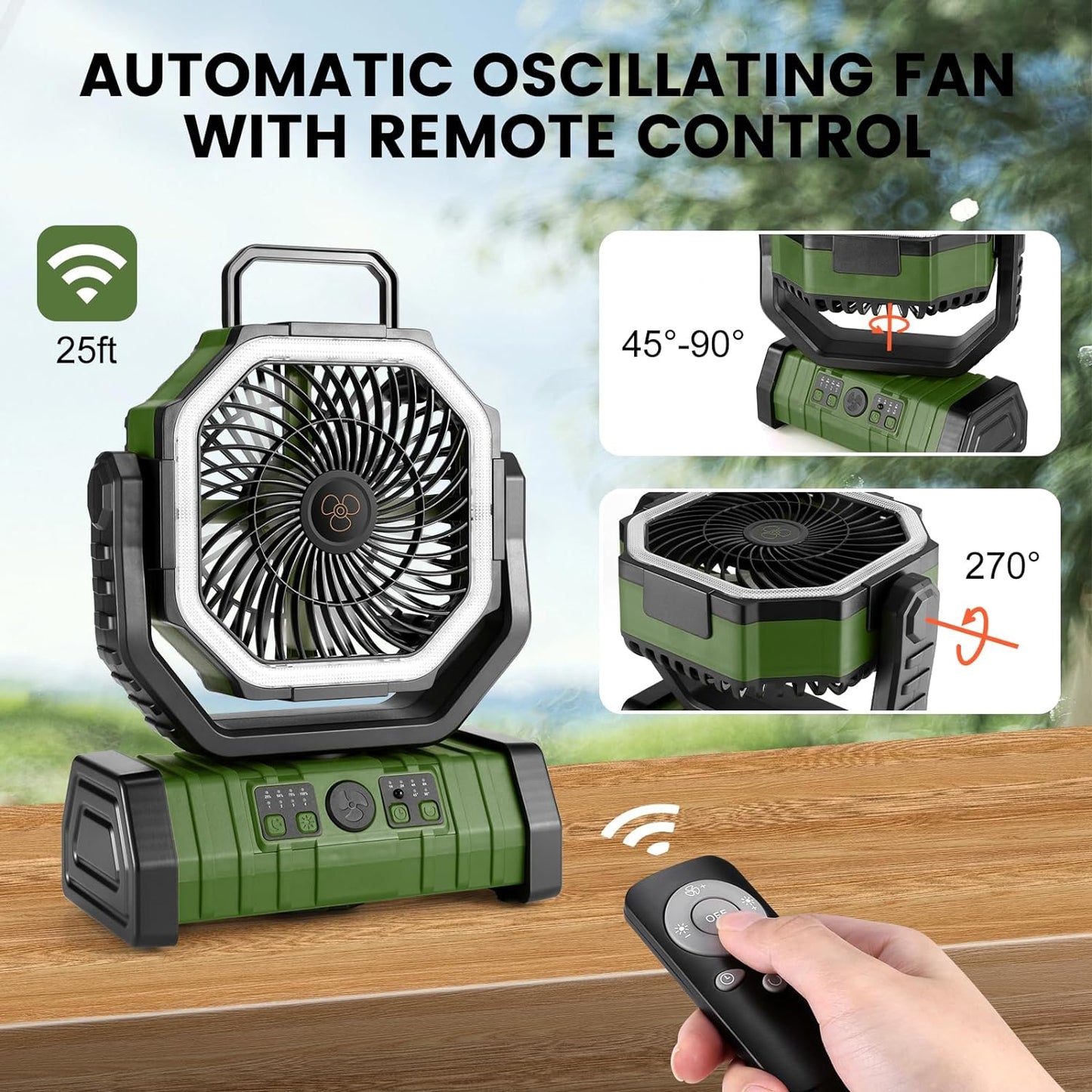 Odoland 30000mAh Camping Fan with LED Lantern, Rechargeable Battery Fan | Operated Oscillating Fan with Remote & Hook, Portable Tent Fan with Timer, 4 Speeds for Outdoor Camp RV Power Outage, Green