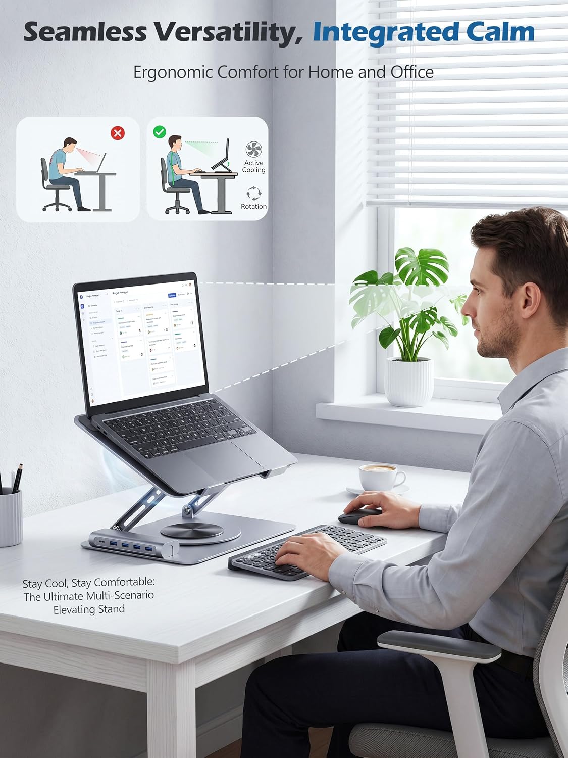 360° Rotating Laptop Cooling Pad with Detachable Magnetic Fan & 4 USB 3.0 Hub, Foldable Ergonomic Computer Riser, Compatible with MacBook Pro, Compatible with Dell, Fits 10-17” Laptops
