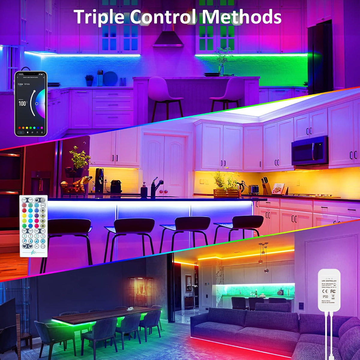 maylit 10 PCS 20In Smart RGB Under Cabinet Lights Kit, Work with Alexa and Google Assistant, App and Remote Control, Music Sync Color Changing, Timer, Dimmable, for Cabinet, Counter, Shelf, Bookcase