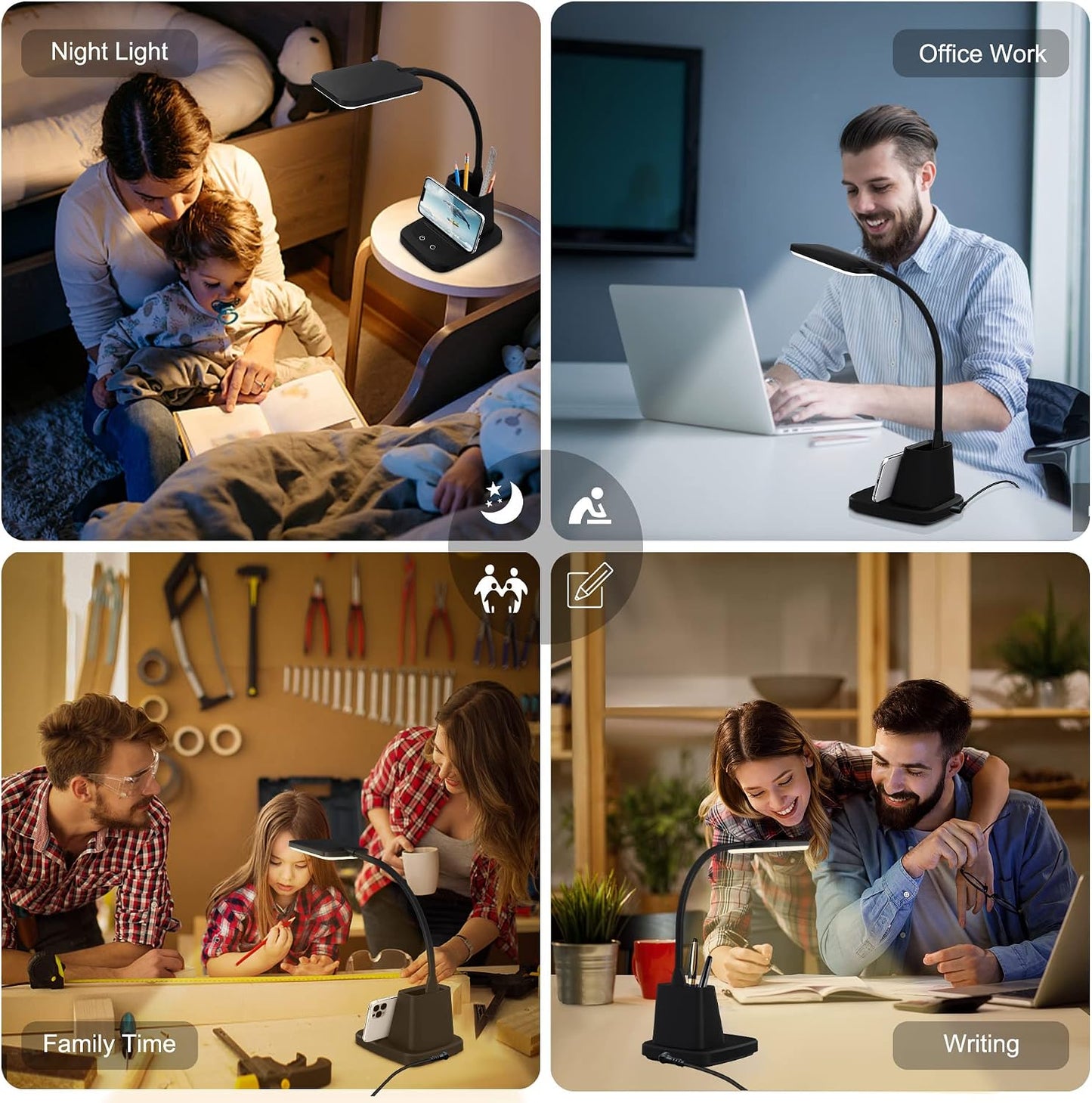 LED Desk Lamp with 10W Wireless Charging & Pen Holder, Black | CRI 95, 800LM, Stepless Dimming, 3 Modes, 360°Flexible Arm, Touch, Study Table Lamp for Home Office, Dorm Room, with Adapter
