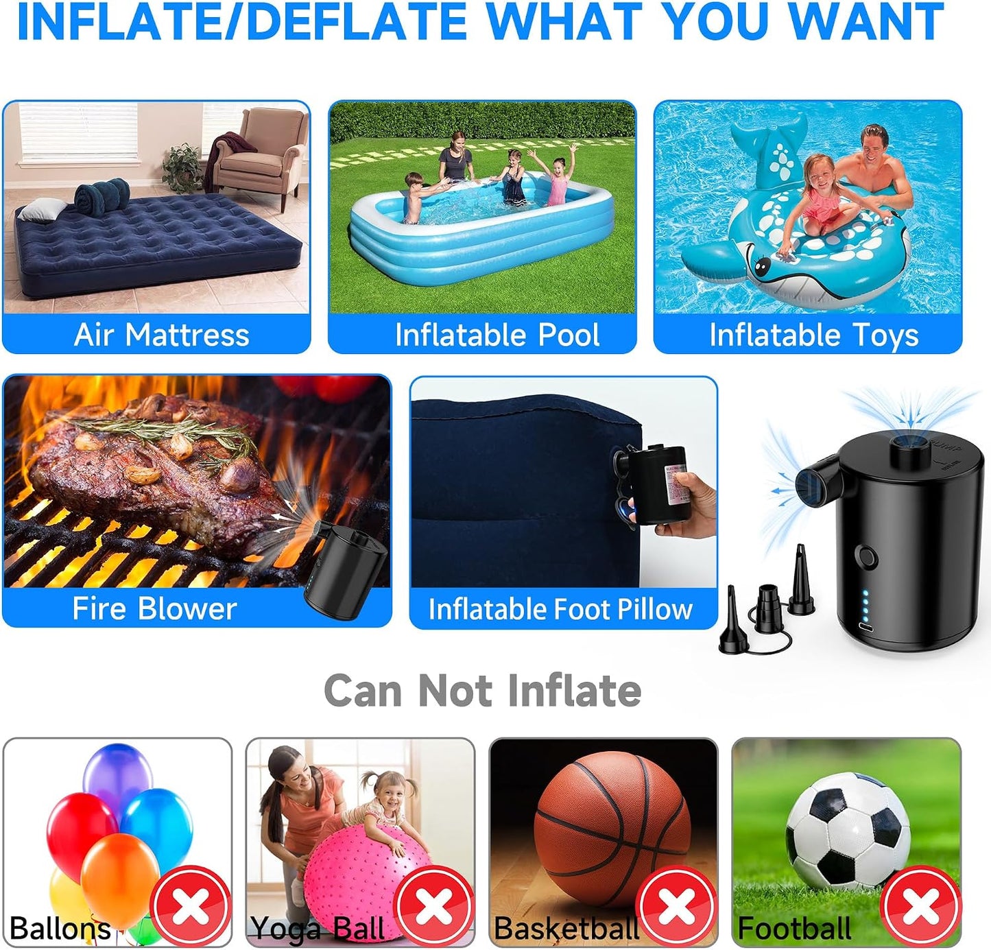 Air Pump for Air Mattress, Air Mattress Pump for Inflatables, Quick Fill Inflator Deflator Air Pump Perfect for Outdoor Camping Inflatable Boat Blow Up Pool Water Toy Car Air Bed