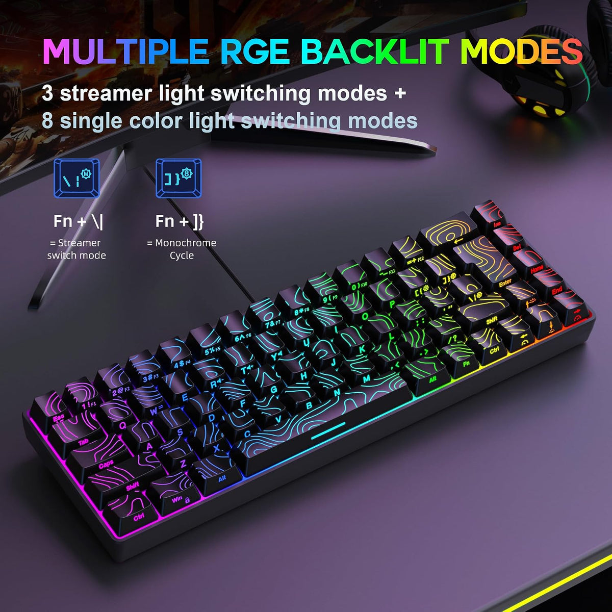 Snpurdiri 65% Wired Small Gaming Keyboard RGB 68-Key (Black) | Mini Gaming Keyboard Backlit Ultra-Compact , for PC/Mac Gamer, Typist, Travel, Easy to Carry on Business Trip