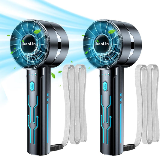 AaoLin 2pcs Portable Handheld Turbo Fan with 7000rpm High-Speed Motor USB Rechargeable Cooling Personal Fan 4-Speed, 4-16H Runtime, with Lanyard for Outdoor Travel, Women, Kids, Summer Gift
