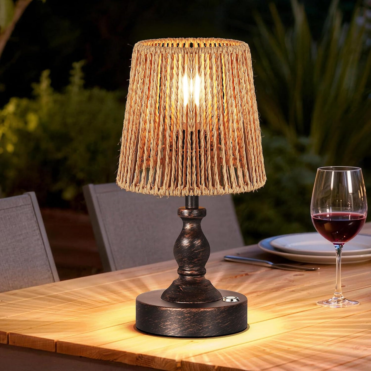 Mini Cordless LED Table Lamp, 5200mAh Rechargeable Battery Operated Lamp, 3-Level Brightness, Touch Dimmable Desk Lamp, Bedside Night Light with Rattan Shade, Oil Rubbed Bronze