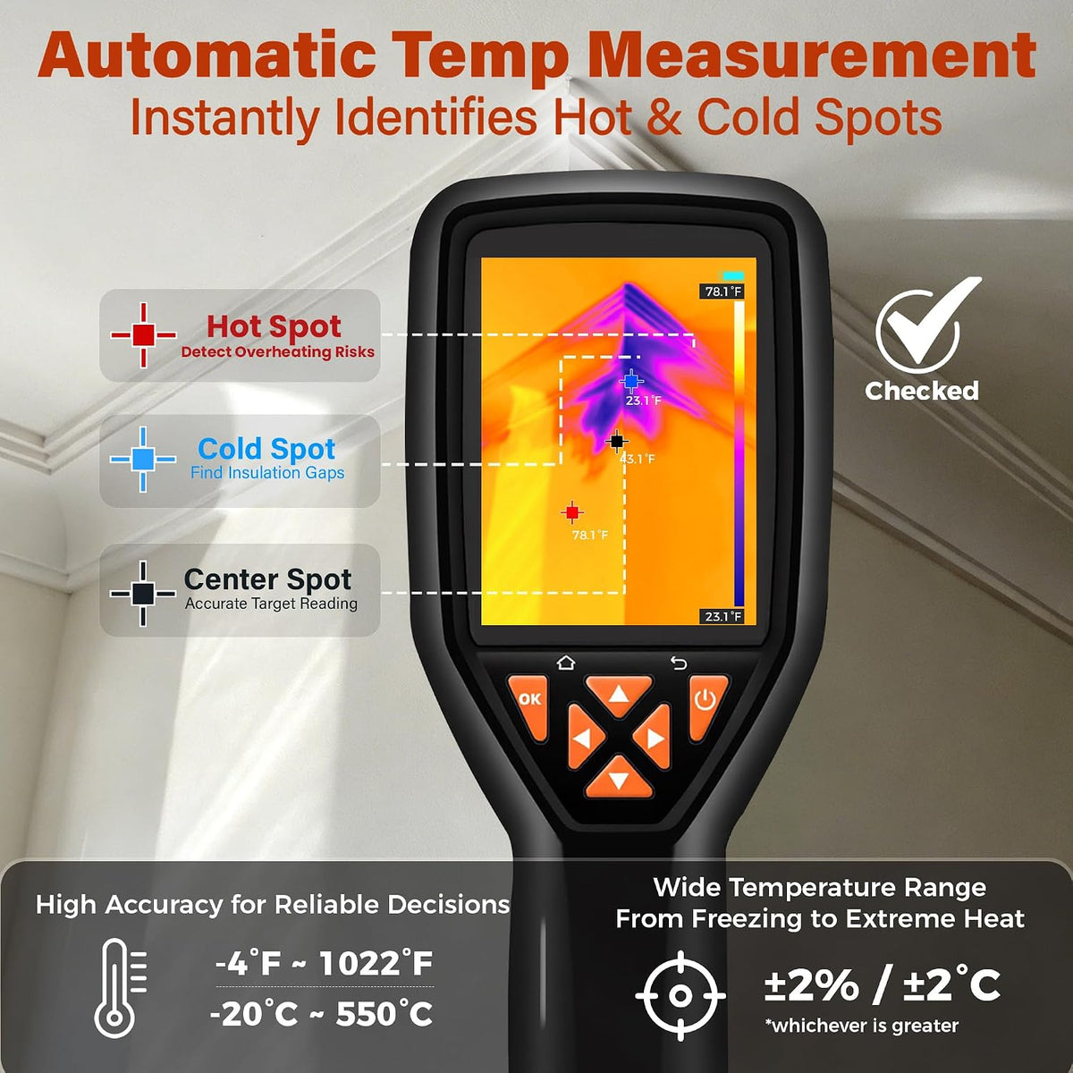 320x240 Thermal Camera 25Hz Handheld for Leak Detection Home | 320x240 Super Resolution, high/low temp alarm, 8hr battery, -4°F~1022°F, for moisture & home inspection