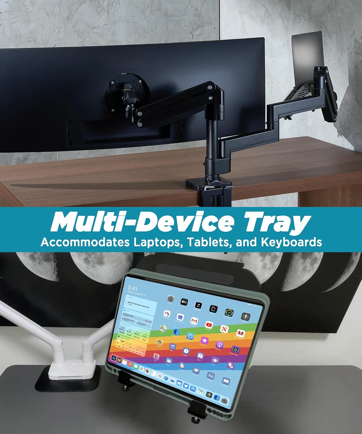 ULTRARM Steel Laptop Tray Holder for VESA Monitor Arm, Stand & Mount | 29 lb Capacity, Vented Cooling Platform, Smooth Access Design, VESA 75/100 Mounting Holes, Also Fits Tablets, Black, MAAC-L