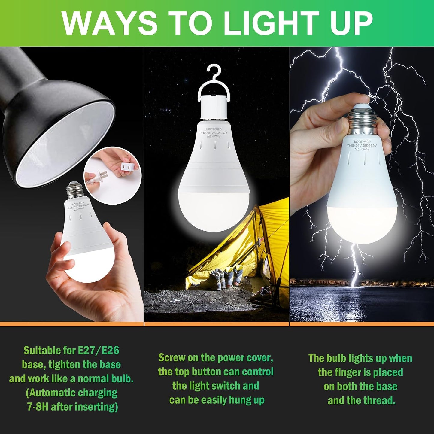 DEBAOBULB 4 Pack Rechargeable Emergency Light Bulbs, Battery Powered LED Light Bulb 6000K Daylight E26 120 Volt 9W 60W Equivalent with 1200mAh for Home Power Outage Camping Hurricane