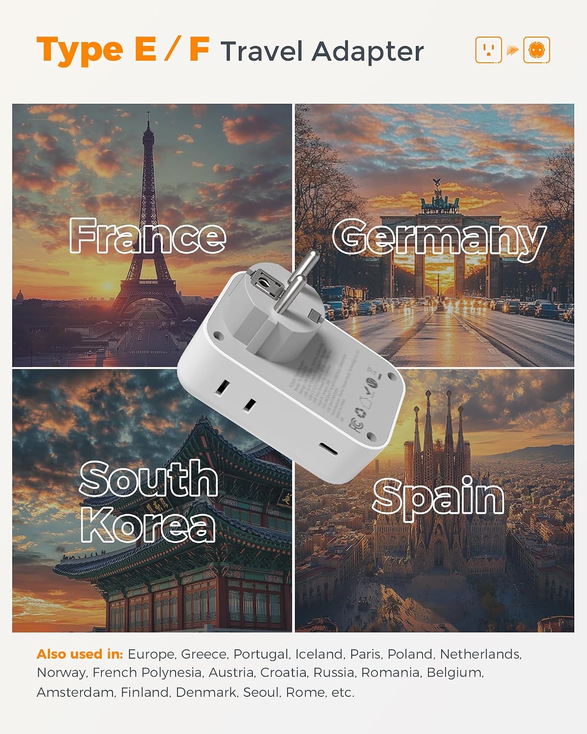 TESSAN Type F Plug Adapter 2 Pack, 28W Germany France Travel | 4 Outlets 5 USB Ports (3 USB-C), Type E Power Adaptor, US to Europe Spain Iceland Greece South Korea Russia Norway