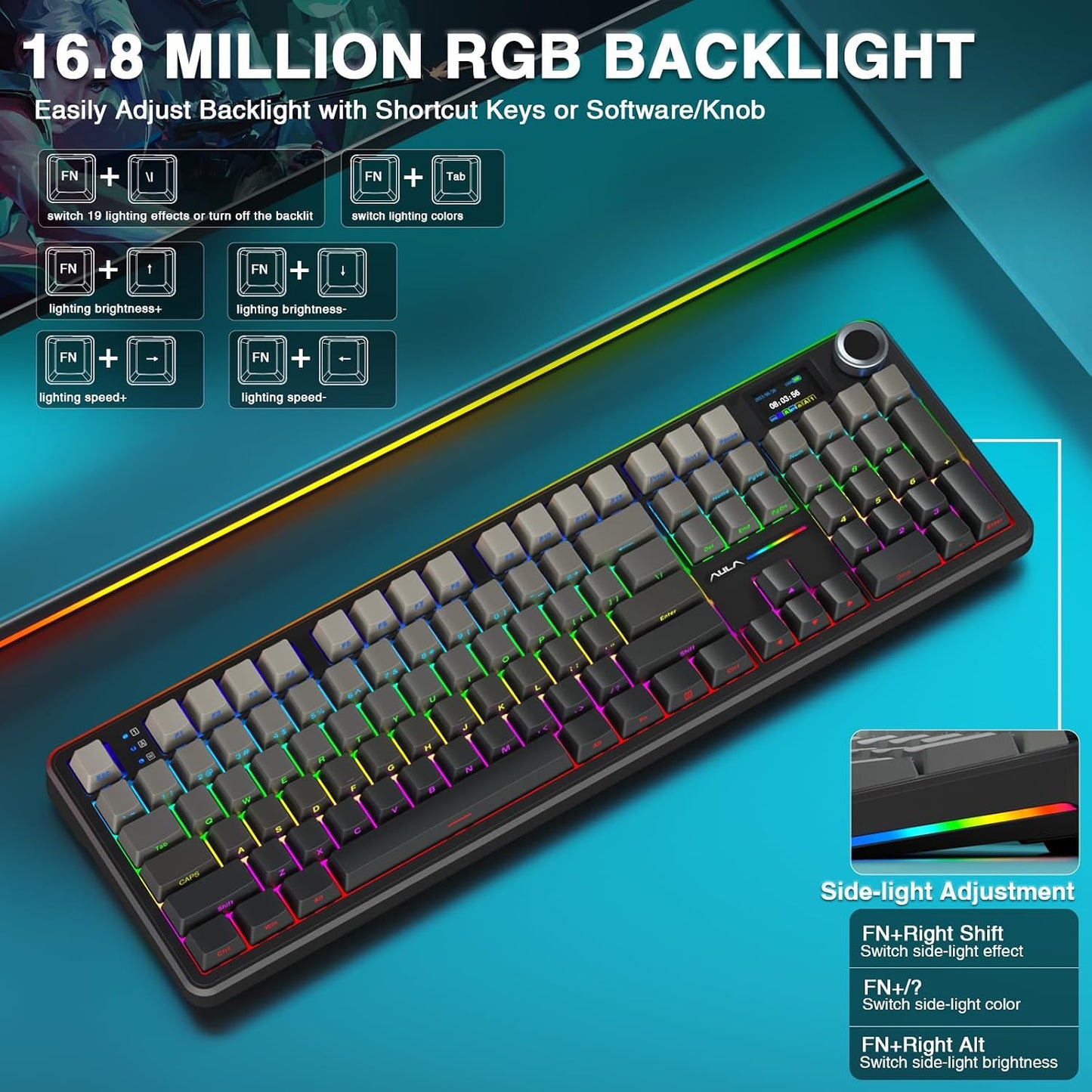 AULA F108 PRO - Wireless Mechanical Keyboard with Screen & Knob,Full Size Keyboard with 8000mAh Battery,Pre-lubed Switches,Side Printed PBT Keycaps,RGB Backlit Hot Swappable Custom Gaming Keyboards