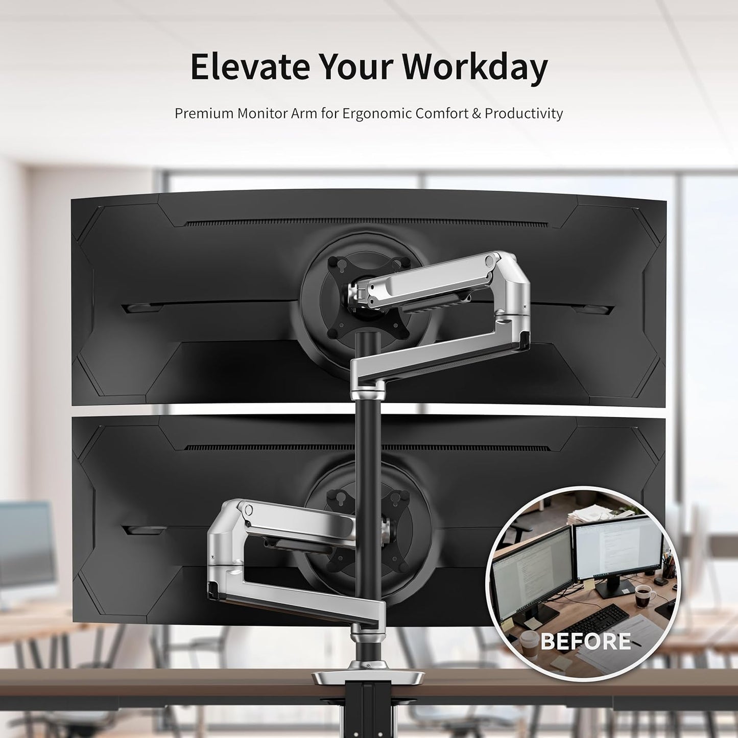 Ergounion Premium Dual Monitor Stand for Desk, High-Grade Aluminum Stacked Monitor Arm with Heavy-Duty Mechanical Spring, Adjustable Vertical Double Monitor Mount for 13-40 inch Screens, Silver