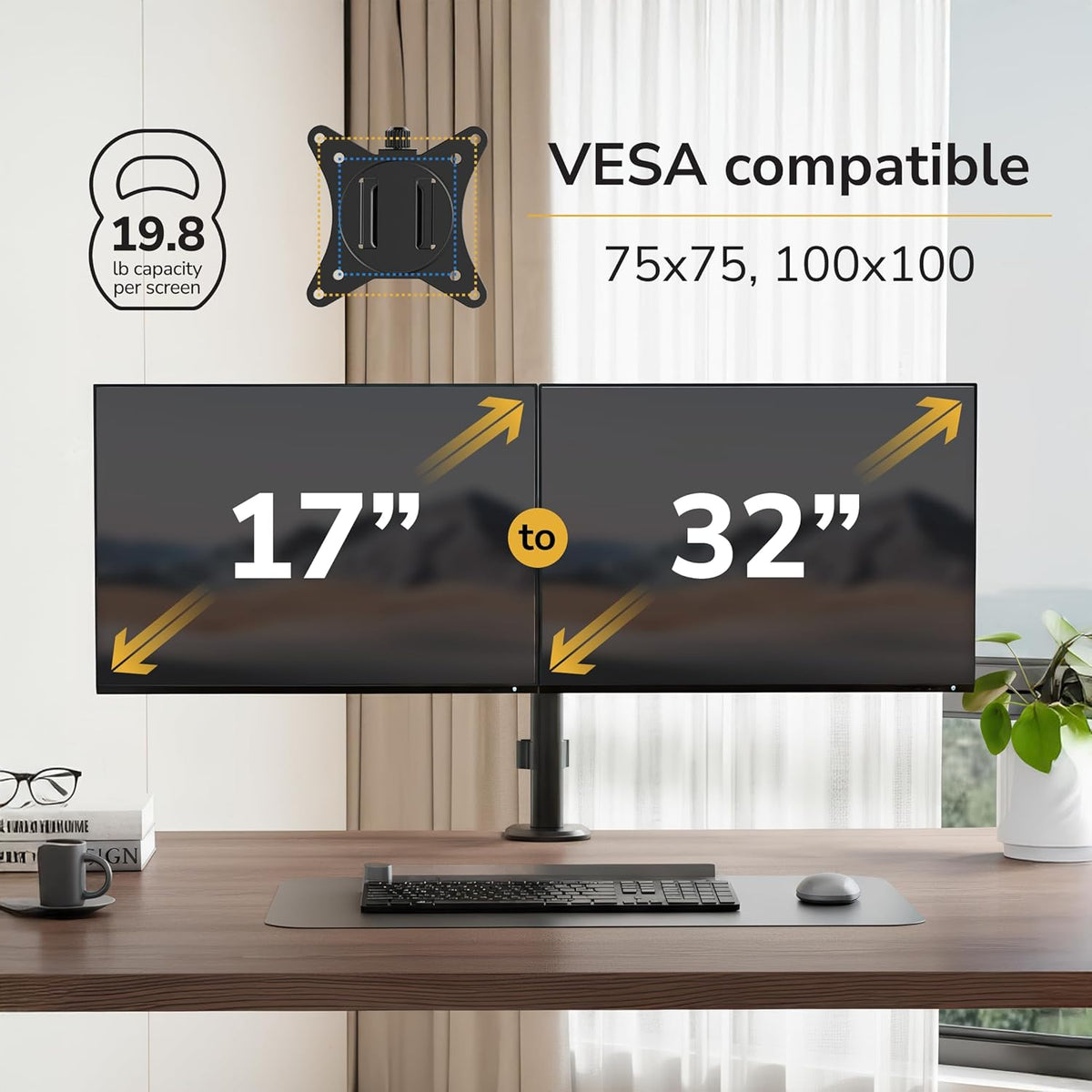 Mount-It Dual Monitor Arm, Heavy Duty Desk Mount for 2 Screens 13-32 in | Up to 19.8 lbs Each, Full Motion Tilt Swivel Rotate, VESA 75x75 100x100, Steel, Cable Management, C-Clamp or Grommet, Black