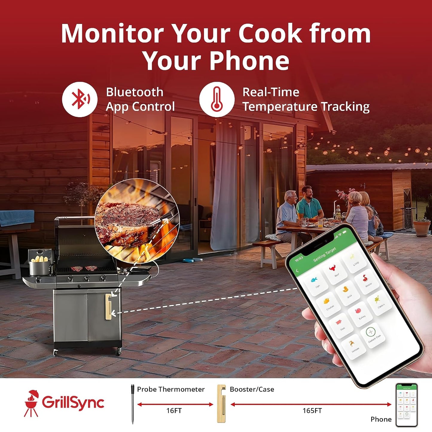 Grill Sync Wireless Meat Thermometer for Grilling, Smoking, Bluetooth | Dual Sensor Probe, Smart App Control for Grill, Smoker, Oven, Air Fryer, Waterproof Probe, USB-C Charging Case, Cooking