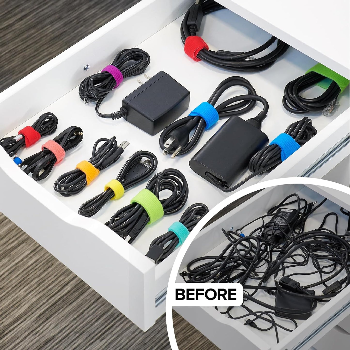 Self-Gripping Cable Ties by Wrap-It Storage - Assorted 40-Pack Multicolor | Reusable Hook and Loop Cord Keeper, Cable Wrappers for Cord Management and Home Office Desk Organization