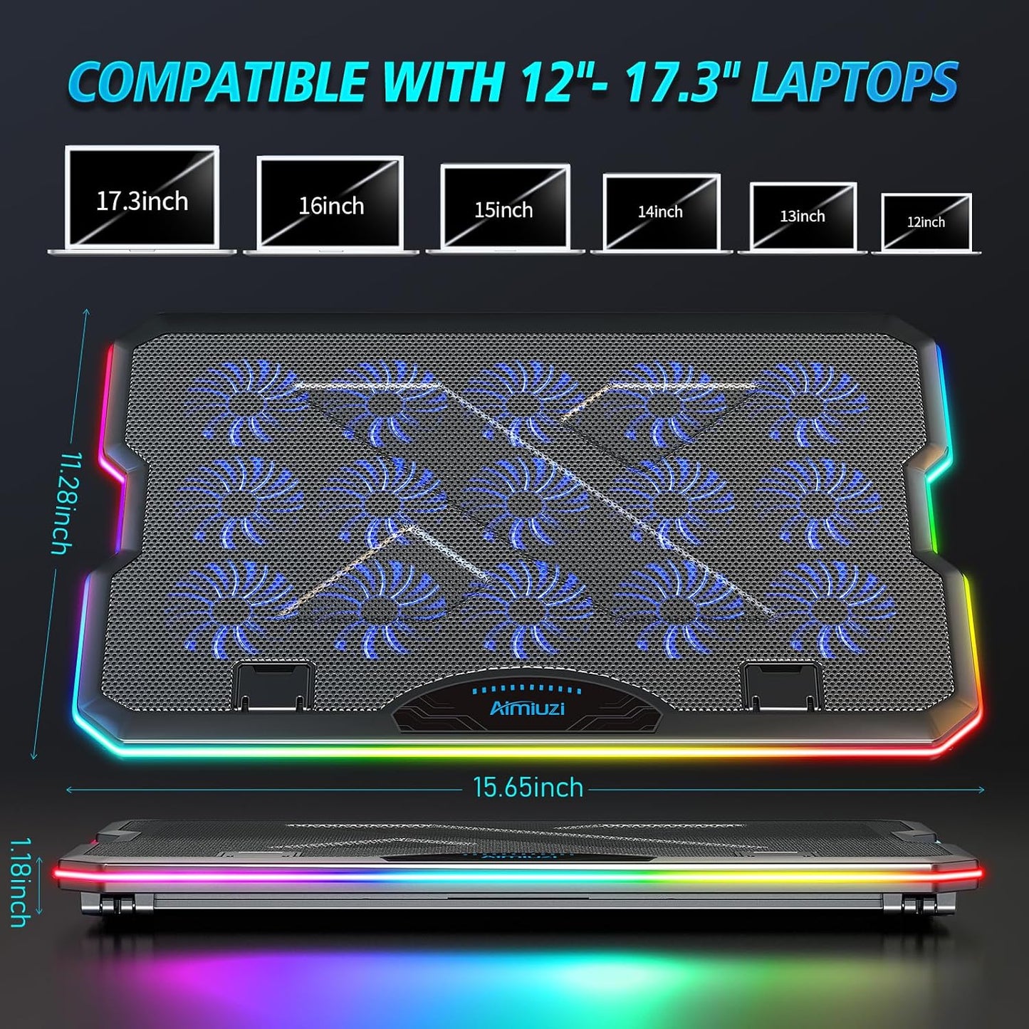 AIMIUZI Gaming Laptop Cooling Pad, Laptop Cooler with 15 Quiet Fans for 12-17.3 Inch Notebook, Slim Portable Laptop Cooling Stand with 7 Height Adjustable, 2 USB Ports, Phone Stand
