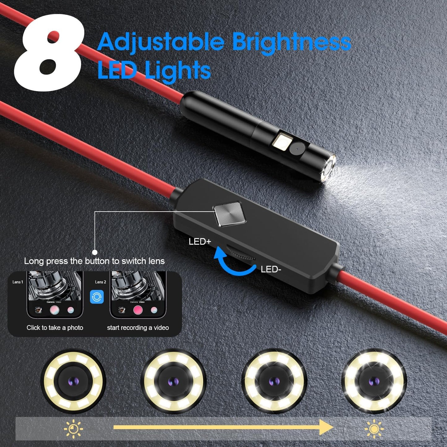 Endoscope with Light, 1920P HD Borescope with 8 Adjustable LED Lights, Semi-Rigid Snake Camera, IP67 Waterproof Inspection Tool (9.8ft, Red Harness + Dual Lens)