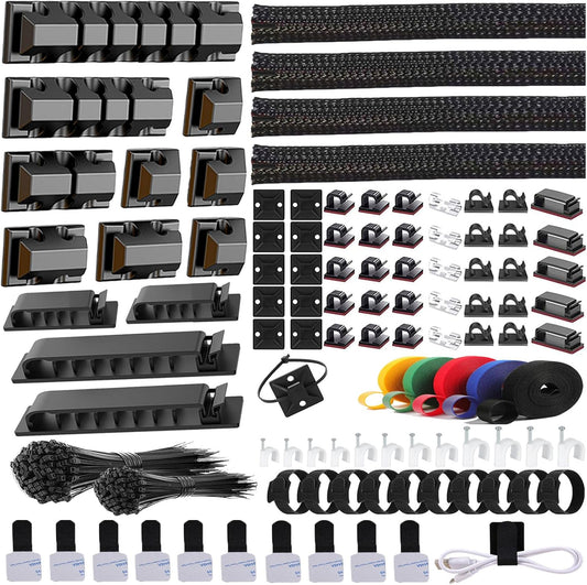 ELII 327 PCS Cable Management Kit 4 Cable Cable Sleeves,65 Cable Clips | 13Cord Holders,25 Roll Cable Organizer Straps,200 Fastening Cable Ties,20 Cable Zip Tie Mounts for Computer