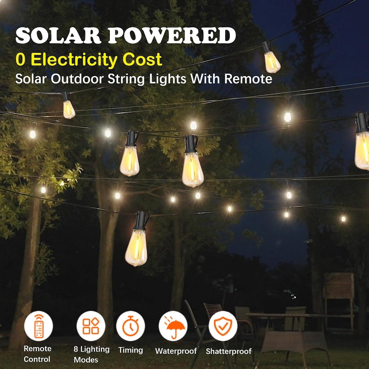 Stright 60FT Solar String Lights Weatherproof 15 LED for Patio Holiday | Weatherproof with Remote, Solar Powered LED Edison Bulb, 15 Sockets, For Patio Backyard Fence