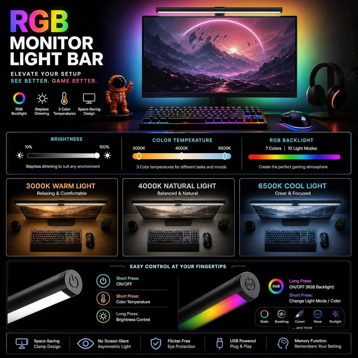 Lpraer Monitor Light Bar, 16'' Computer Monitor Lamp for Home Office Gaming,Touch Control USB Reading Desk Lamp with Stepless Dimming for Flat & Curved Monitor