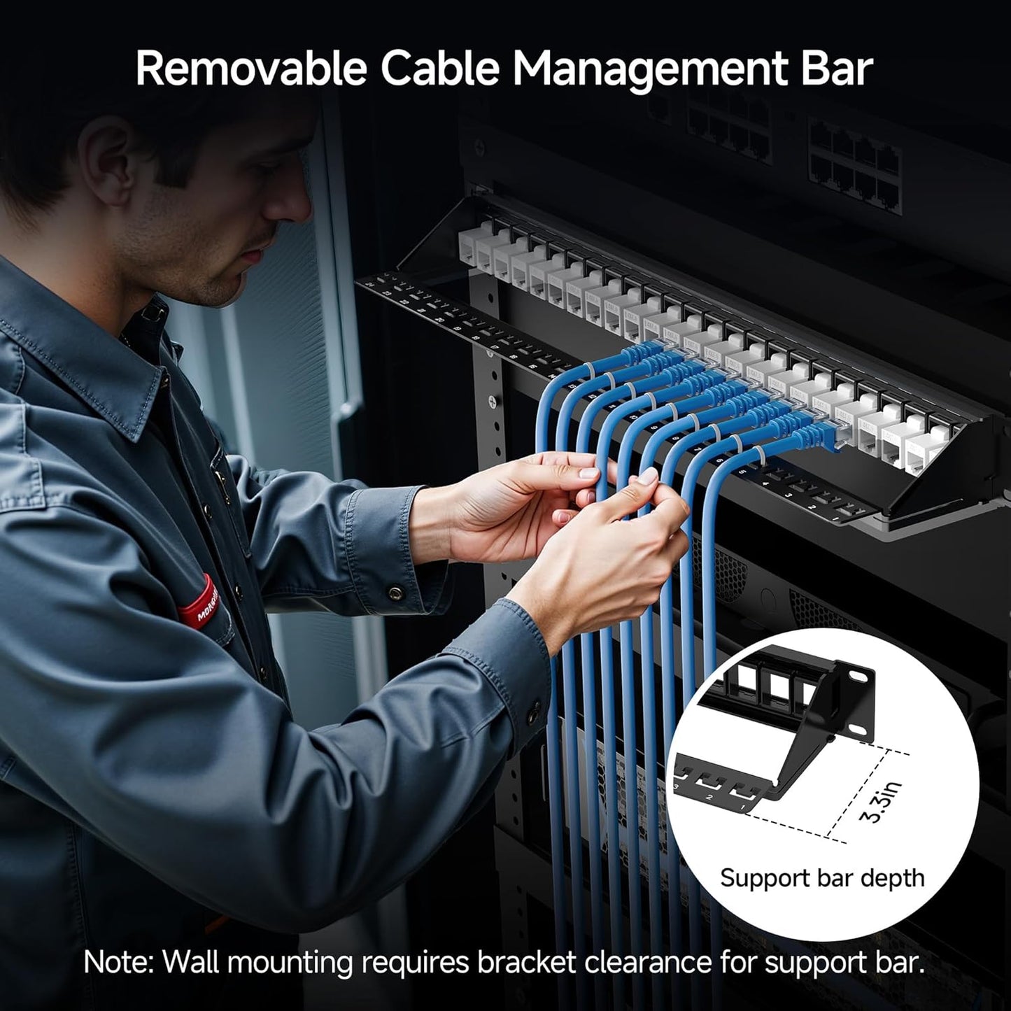 Cable Matters 1U 24 Port Keystone Patch Panel with Cable Management | With Support Bar, Rackmount or Wall Mount, 19-Inch Black Patch Panel for Keystone Jacks