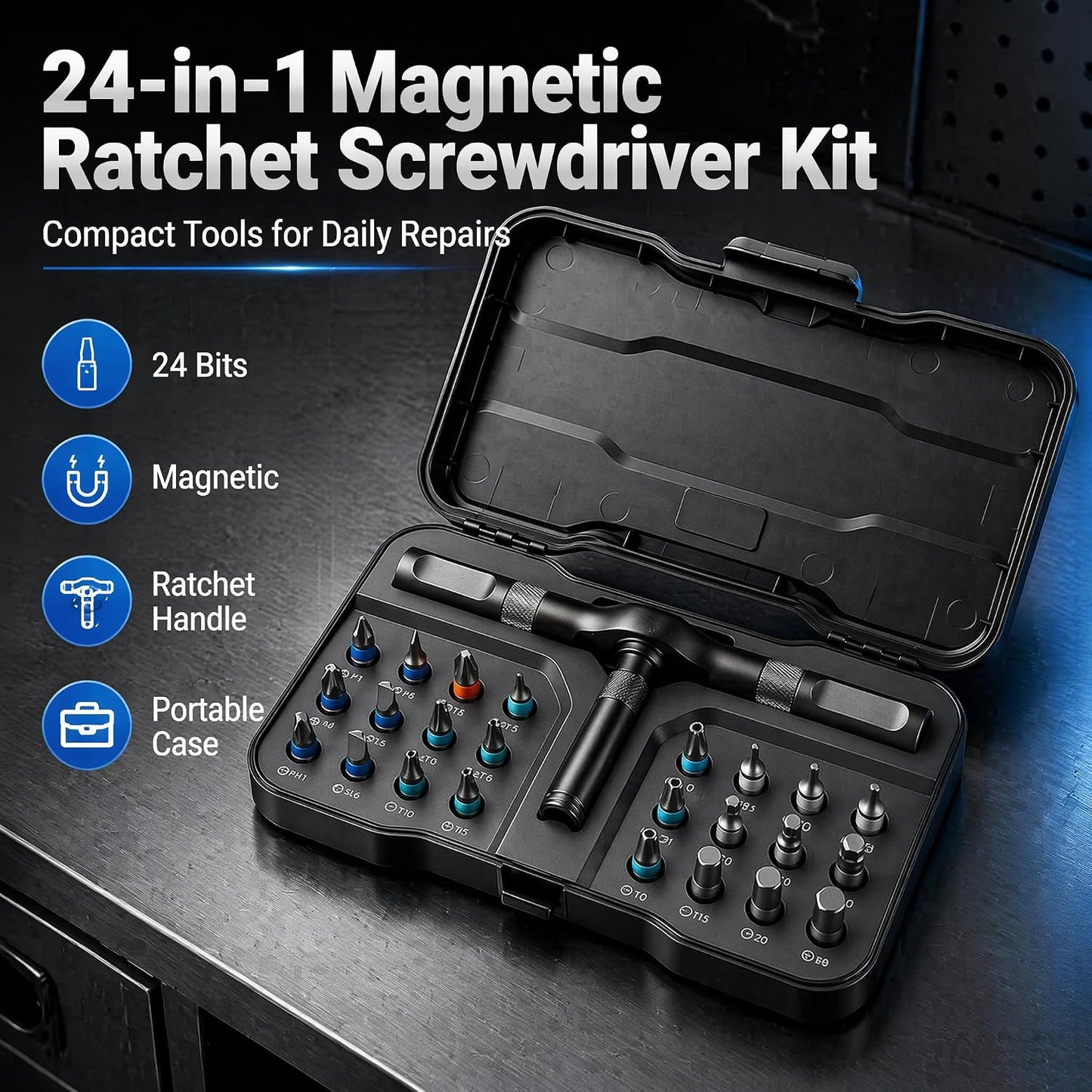 24 in 1 Magnetic Screwdriver Set, DIY Ratchet Screwdriver Set | Multifunctional Toolbox with Detachable Ratchet Handle, Portable Precision Repair Tool Kit for Furniture Computer Bicycle