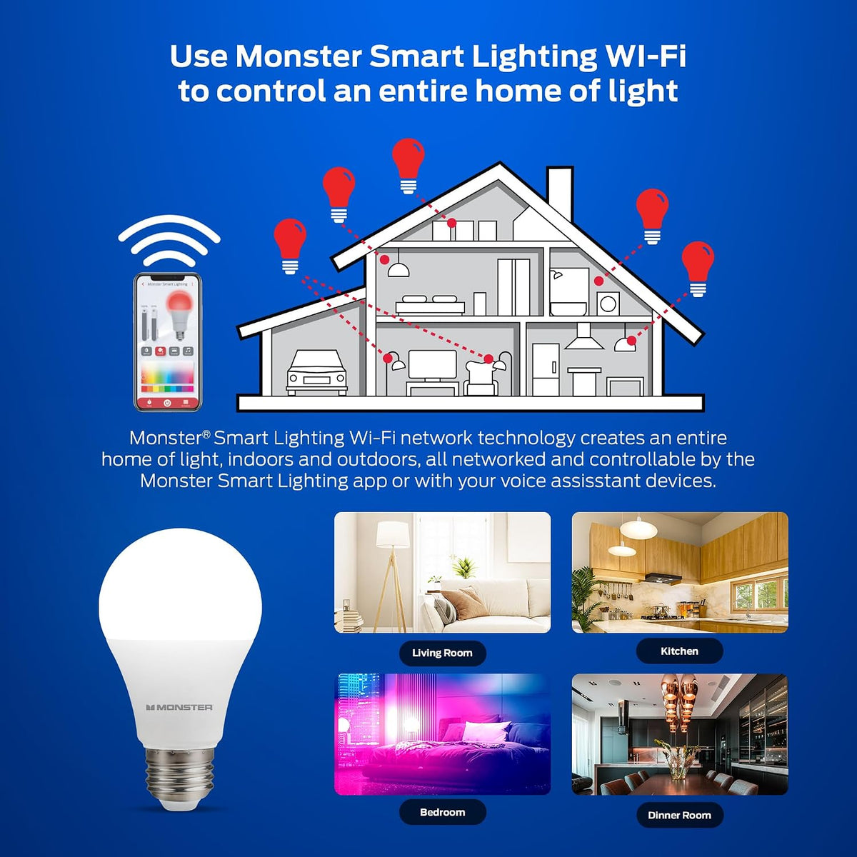 Monster Smart LED Light Bulbs WiFi Color Changing Bulbs, Dimmable Multicolor & Tunable White, Compatible with Alexa & Google Home, A19, 800 Lumens