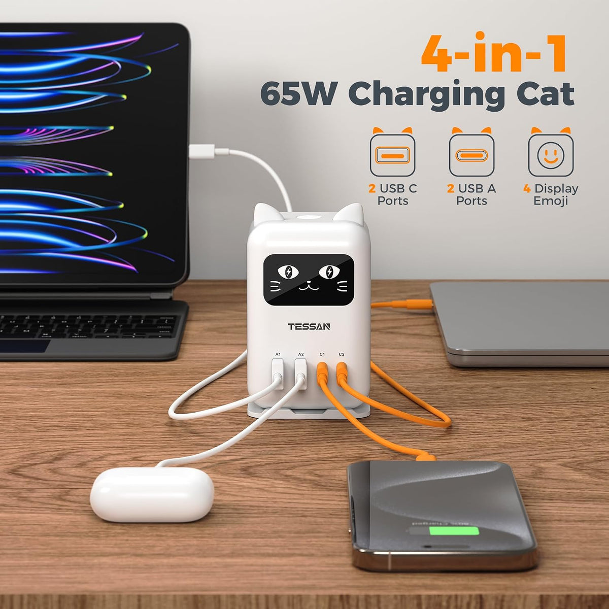 USB C Charger Block PD 65W, TESSAN Charging Station for Multiple Devices | Desktop Tower Charger with 4 USB Ports for iPhone 17/16/15, MacBook, Tablet, Office Home Dormroom, White