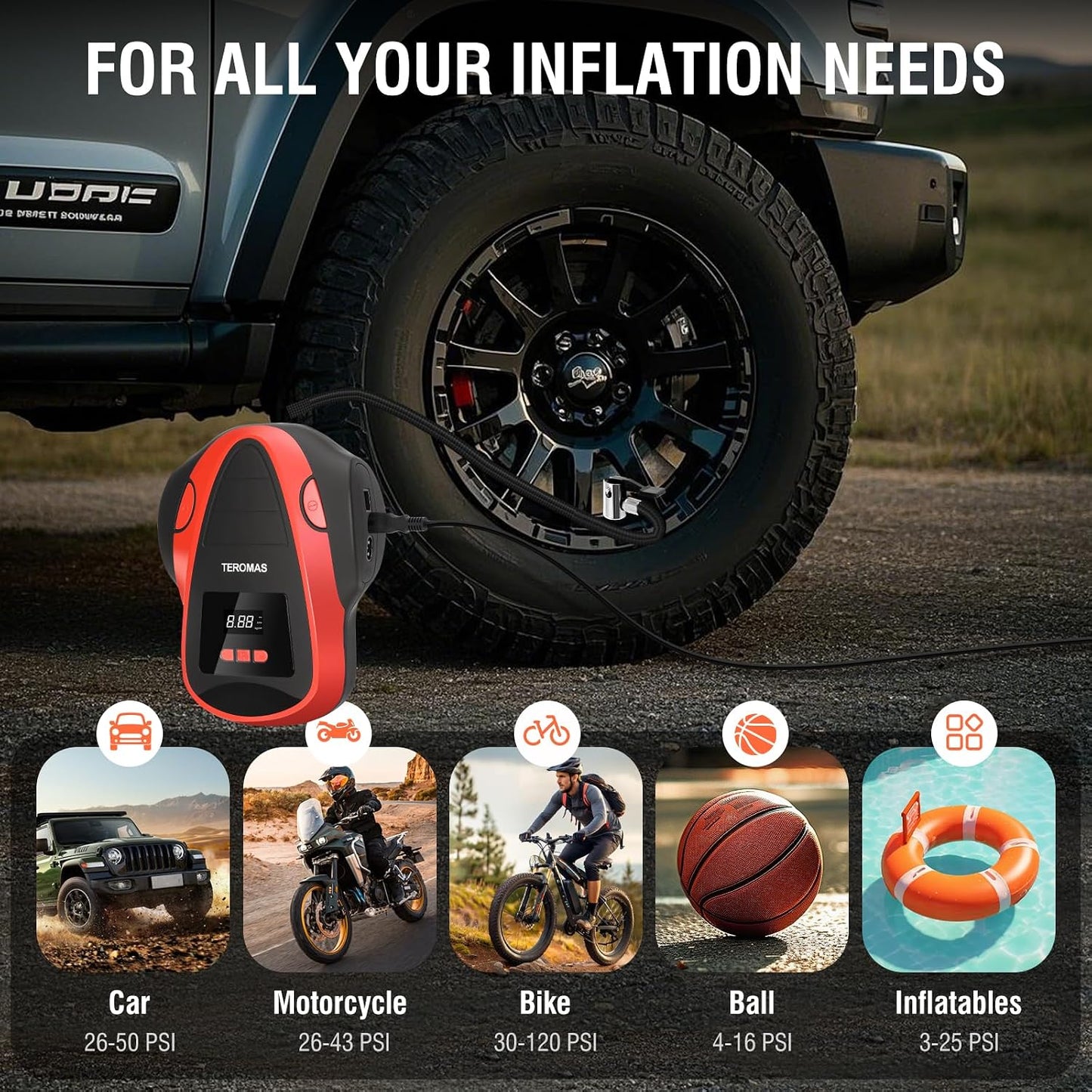 Tire Inflator Portable Air Compressor, Air Pump DC/AC for Car Tires 12V DC and Other Inflatables at Home 110V AC, Digital Electric Tire Pump with Pressure Gauge(Red)