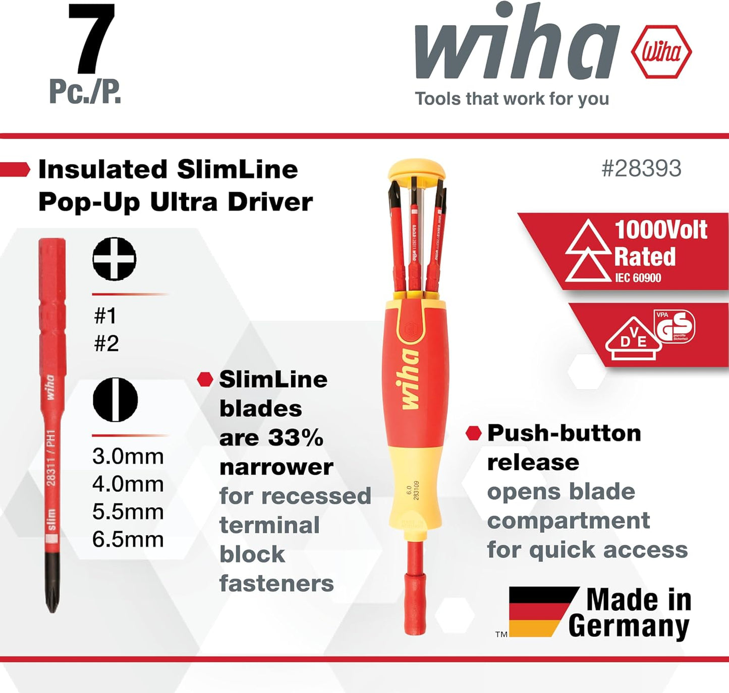 Wiha 28393 7 Piece Insulated SlimLine Ultra-Driver Blade Set Slotted, Phillips | Slotted, Phillips