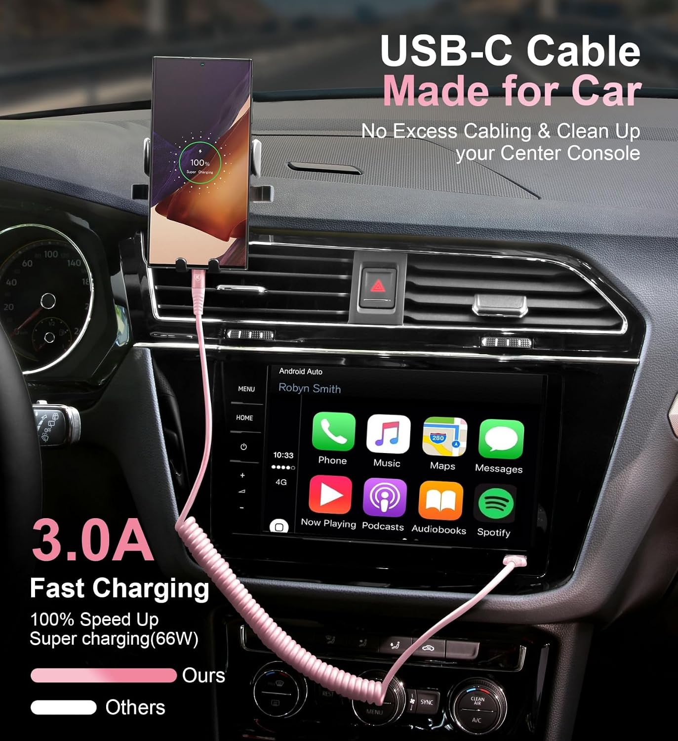 USB A to C Cable Fast Charging 3FT for Car, 2Pack USB Type C Charger Cable | iPhone USB-C Cord Compatible with iPhone 17/16/15/Plus/Pro Max/Samsung Galaxy S26 S25 S23/Carplay/Android Auto-Pink