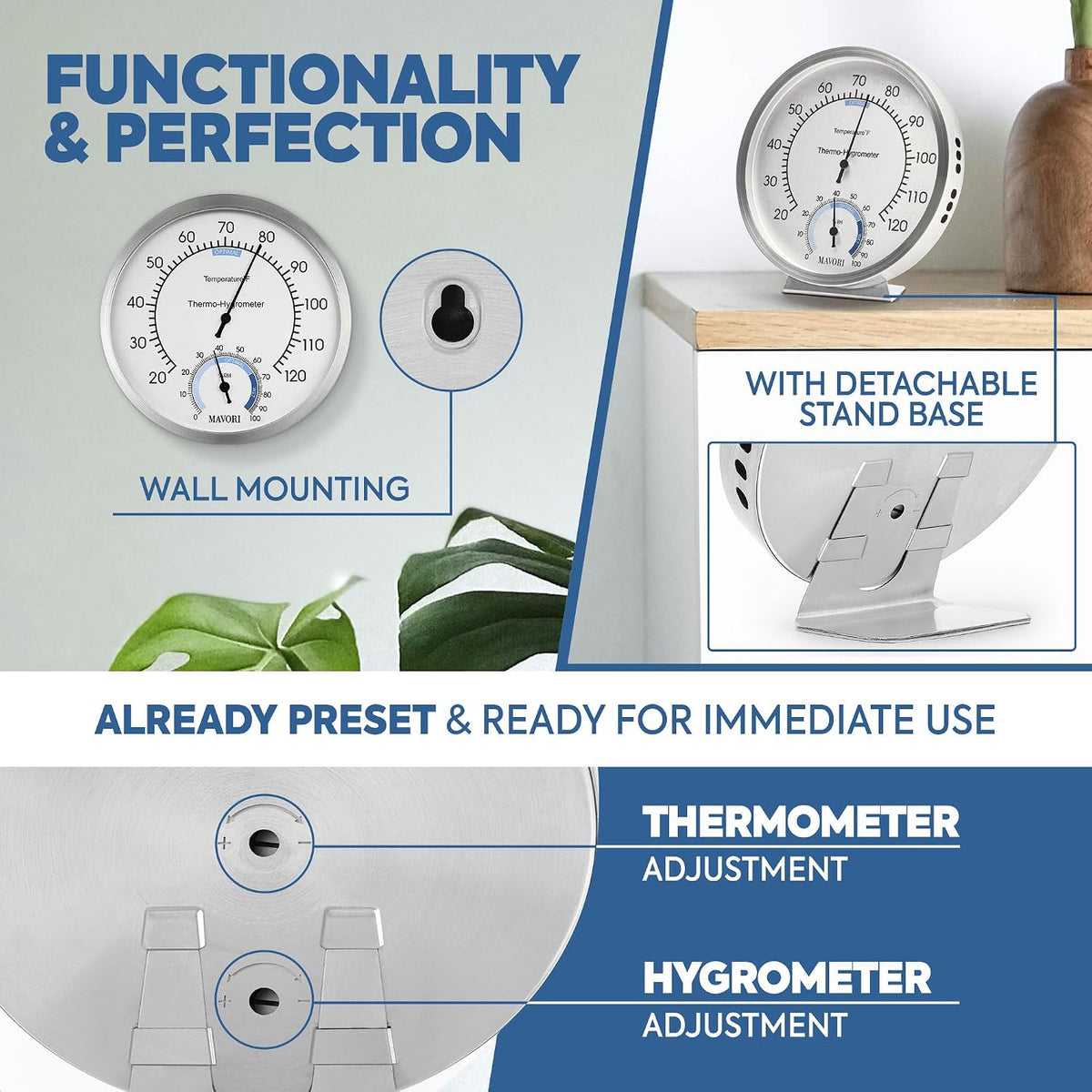 Analog Thermometer – Hygrometer – Thermometer for Indoor – Premium Stainless Steel Temperature Gauge Indicator – Battery Free Operated Temperature and Humidity Monitor – High Accuracy - Ø 12.5