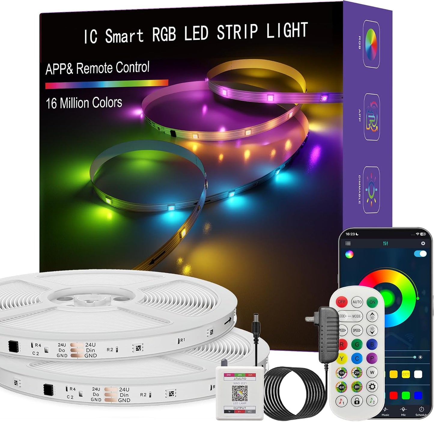 IC Smart RGB LED Strip Lights, 65.6FT LED Lights for Bedroom, App Control/Remote Control, Music Sync, DIY Design, Rainbow Chasing Effects, Strip Lights for Home, Party Decor