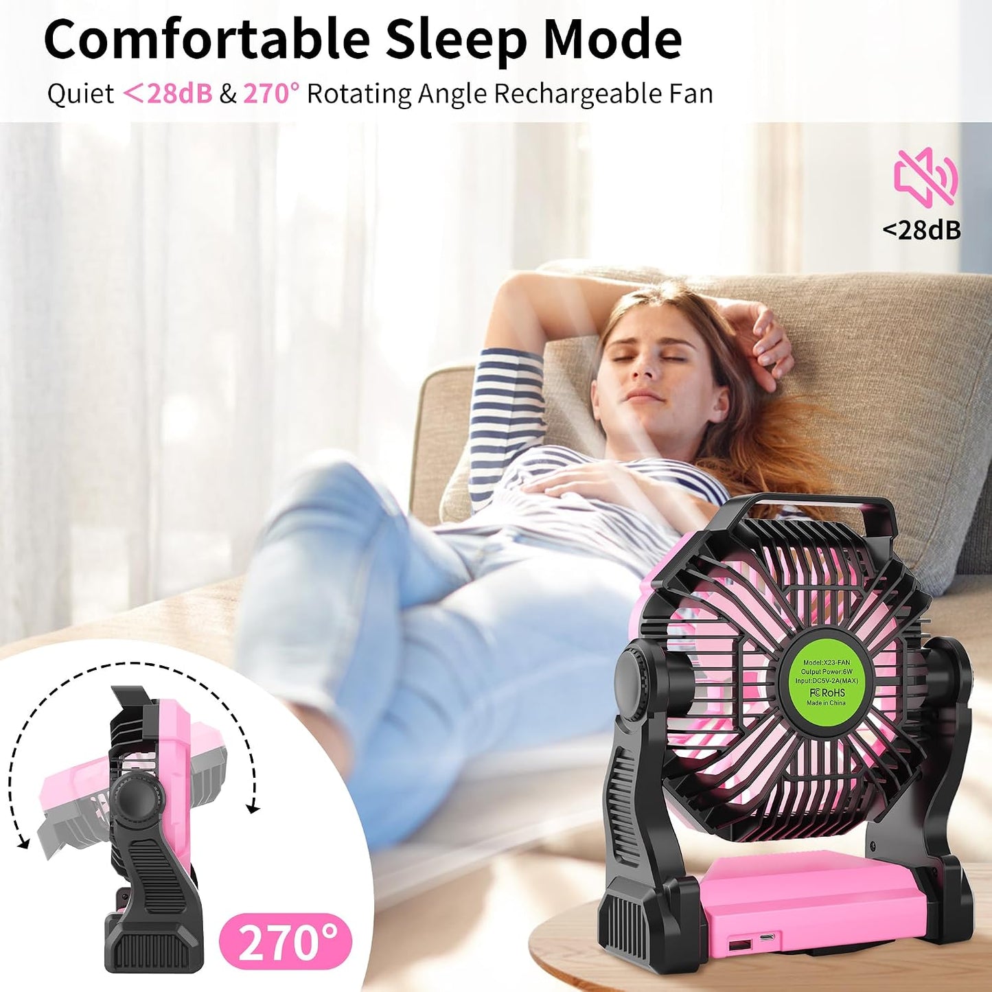 Portable Fan Rechargeable Camping Tent Fan Rechargeable Essentials | 20000mAh Cordless Battery Powered Operated Fan Camping Fan with Light, USB Rechargeable Desk Fan Portable for Travel X23 Pink