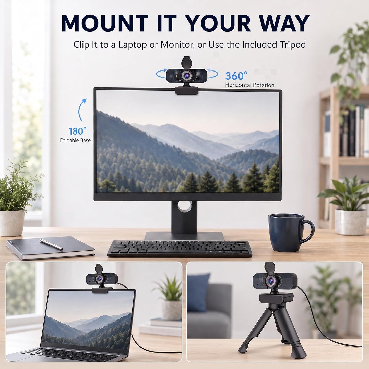 1080P Webcam for PC & Laptop with Microphone — Stay Connected | Plug and Play No Driver, Crystal Clear Video Auto Lighting, Privacy Physically Protected, Mount It Anywhere in Seconds