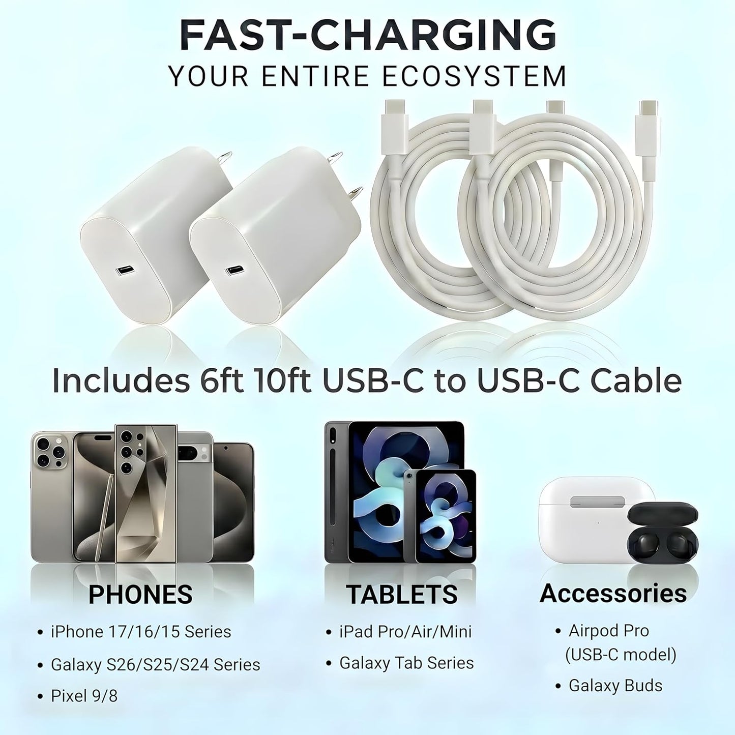 TT&C 2-Pack 30W USB C Fast Charger, USB-C Block with 10FT & 6FT Cable | PD 3.0 Power Wall Block Compatible with iPhone 17,16, 15, Pro Max, & for Galaxy S26 S25 S24 Ultra & iPad Pro (White)