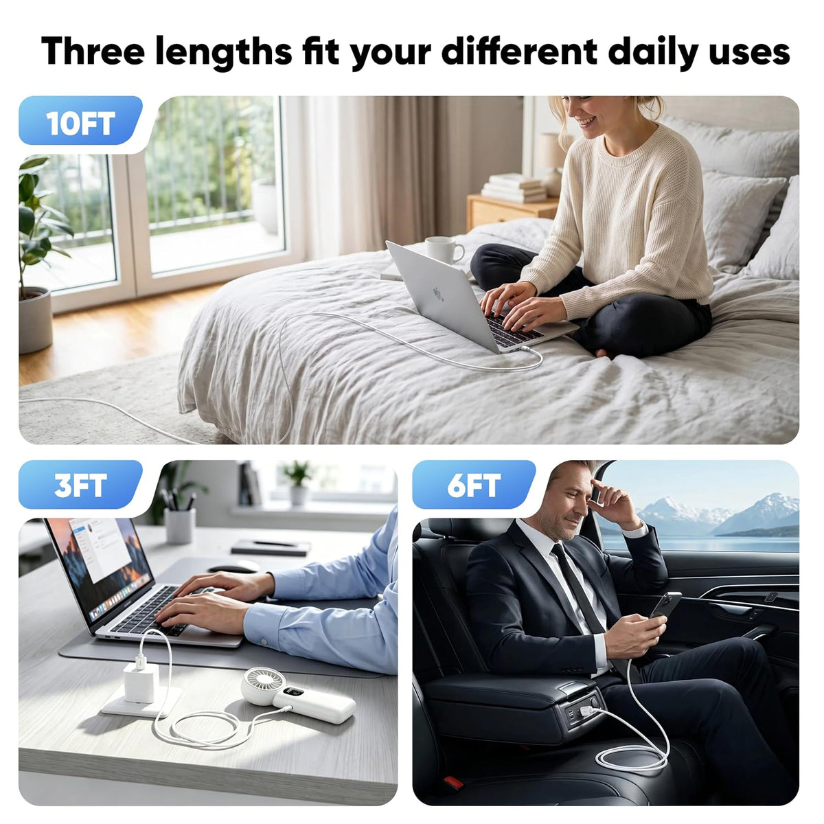 USB A to USB C Cable, USB to USB C Cable 10Pack (3/3/6/6/10FT)*2, White