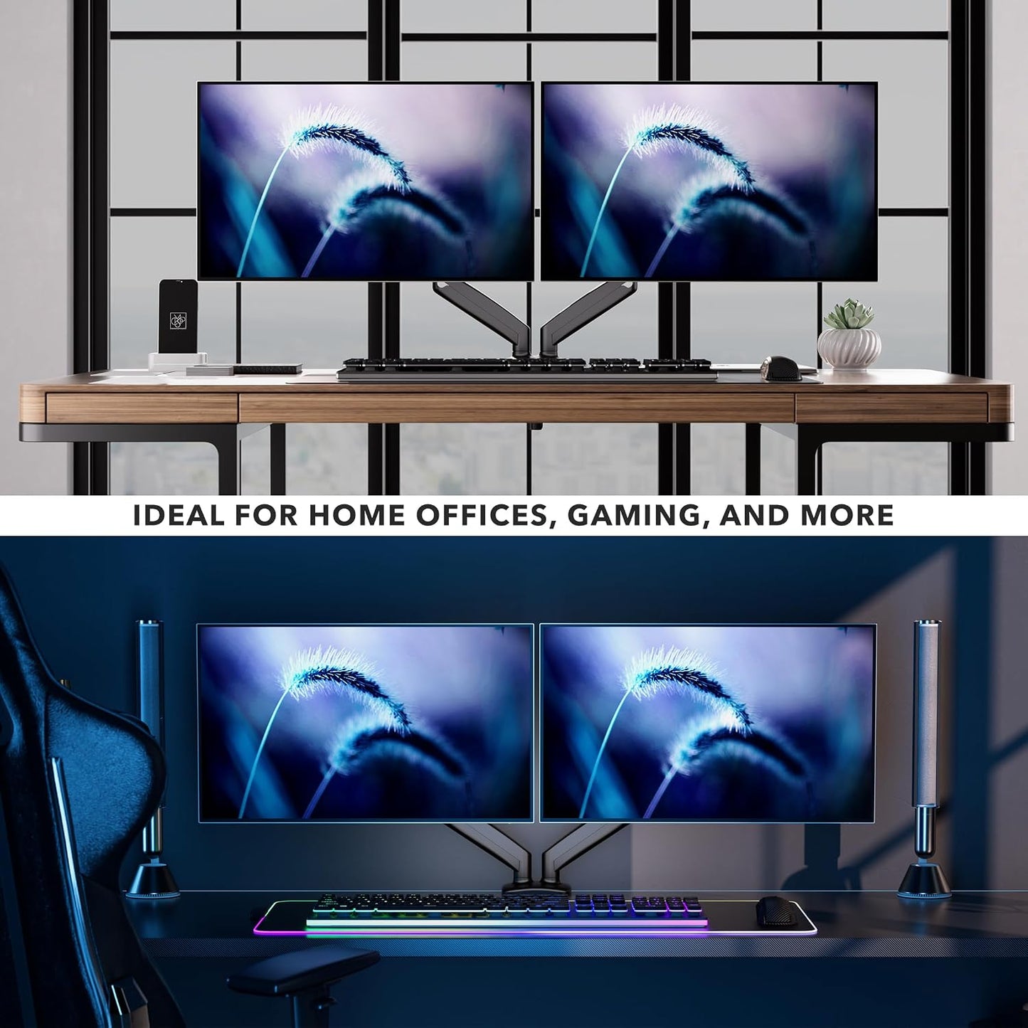 Mount-It! Dual Monitor Desk Mount, 13-32", 17.6 lbs Each | Two independent gas spring arms, full motion, VESA 75x75 &amp; 100x100, C-clamp &amp; grommet base.