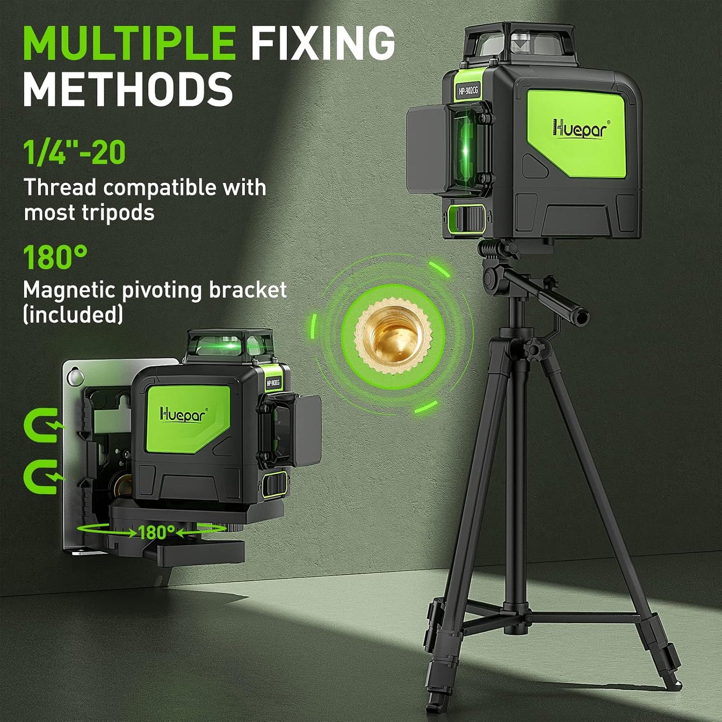 HUEPAR Self-Leveling Laser Level, 2×360 Green Beam Cross Line Laser Tool, Alignment 360-Degree Horizontal Line with Pulse Mode, Magnetic Pivoting Base Included
