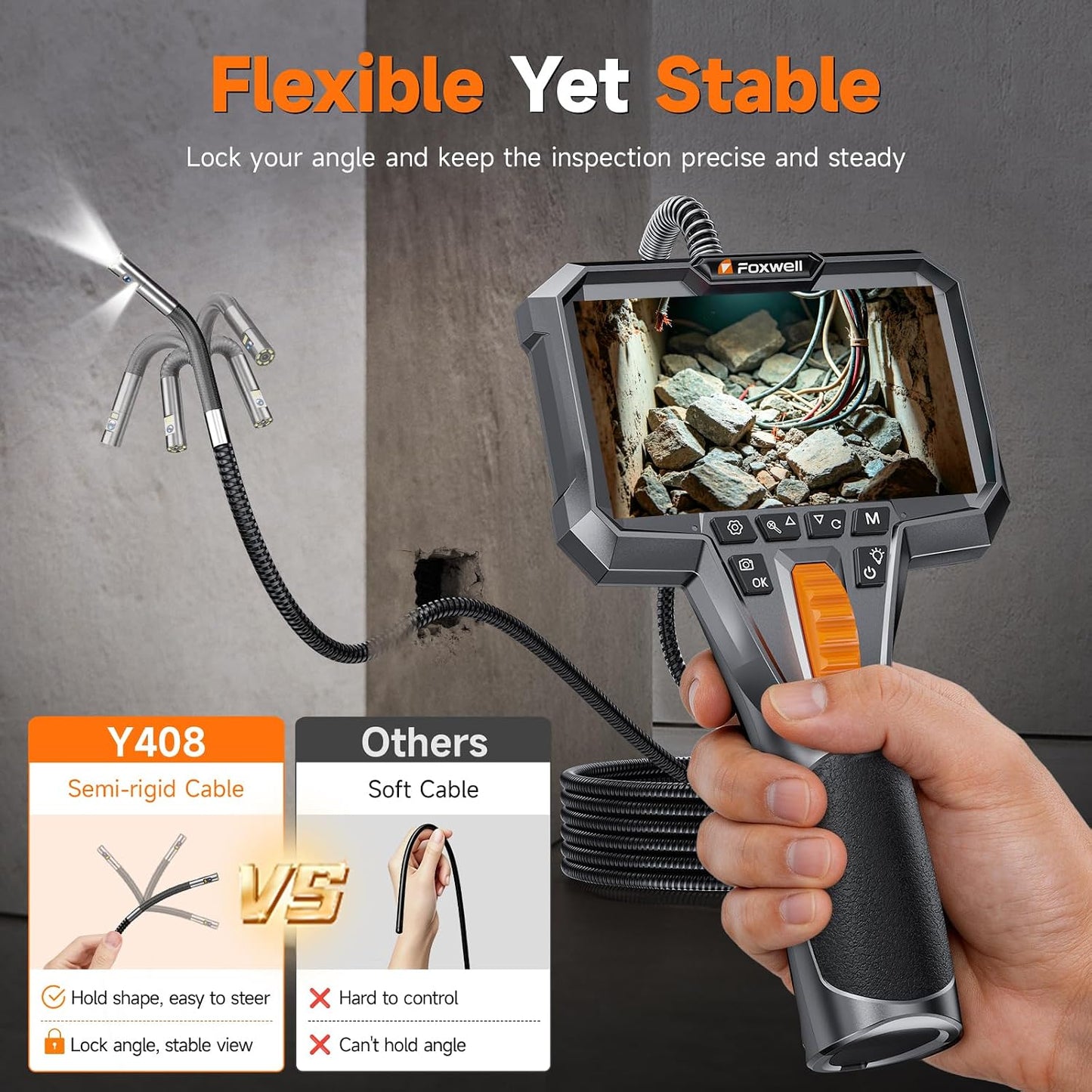 FOXWELL Dual Lens Two-Way Articulating Borescope, 1080P Endoscope Camera | with Light, IPS HD Screen, IP67 Waterproof, Flexible Semi-Rigid Snake Scope for Automotive Engine Pipe Home Inspection