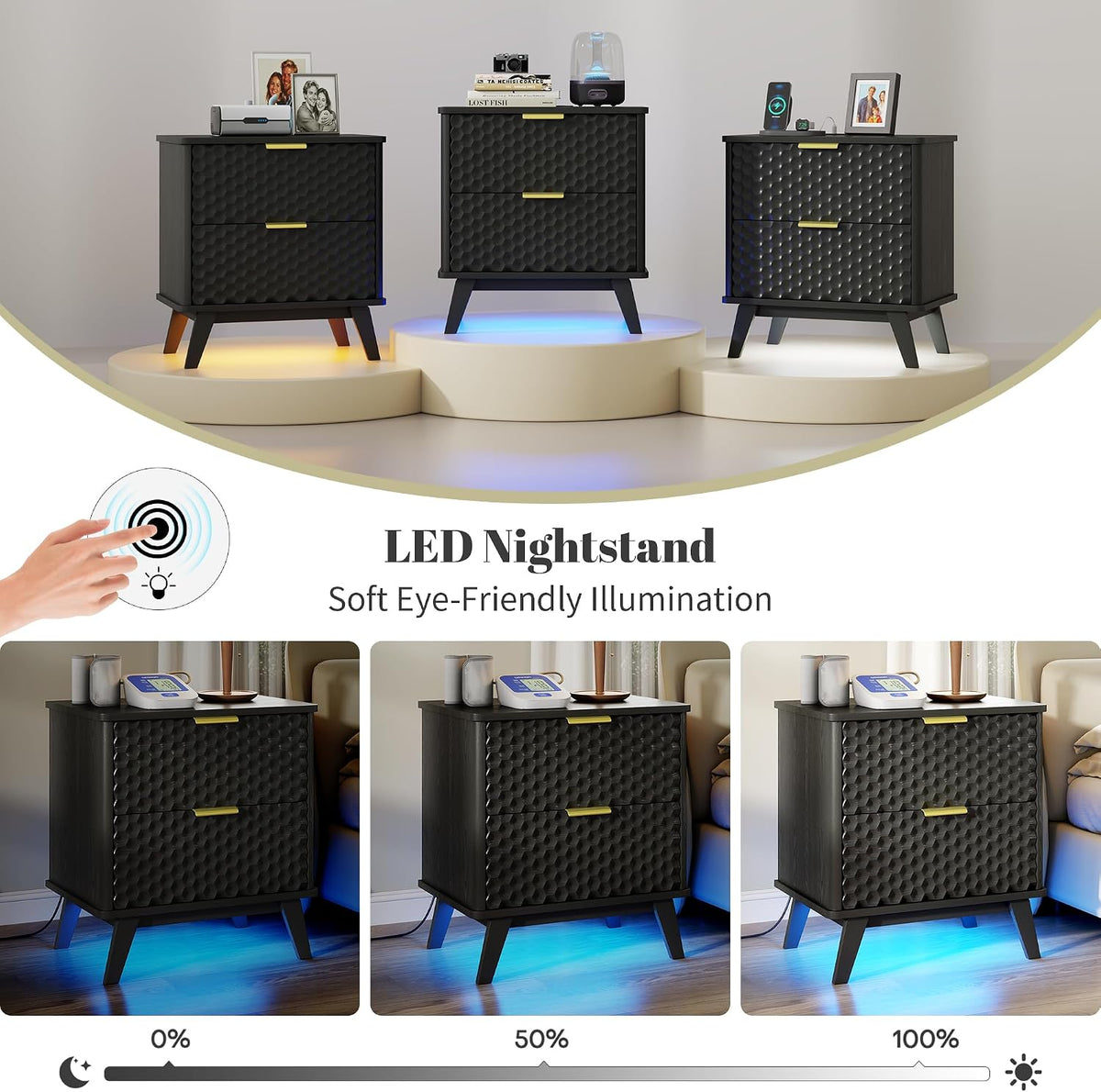 LVSOMT Smart Nightstand with Charging Station and LED Lights