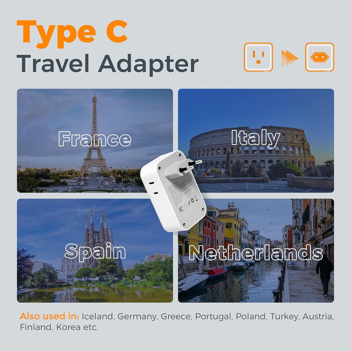 TESSAN European Travel Plug Adapter 2 Pack, PD 20W Adapter for Europe Plug | 4 AC Outlets, 4 USB (2 USB C), Type C Adaptor, US to Europe, Italy, Spain, France, Portugal, Greece, Iceland, Germany